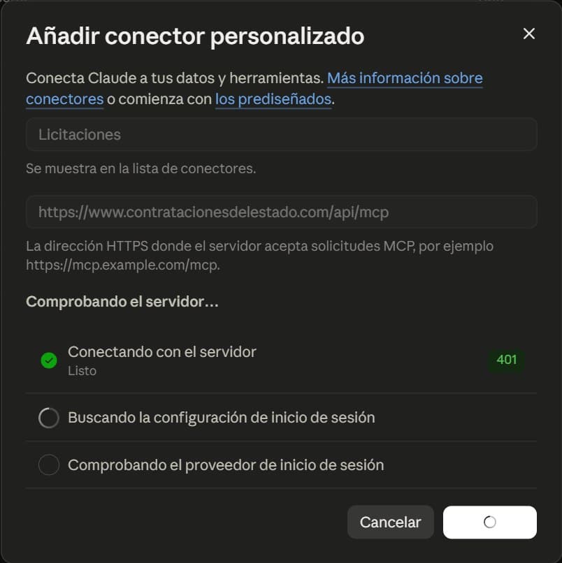 Formulario Añadir conector personalizado con el nombre, la dirección y la comprobación del servidor