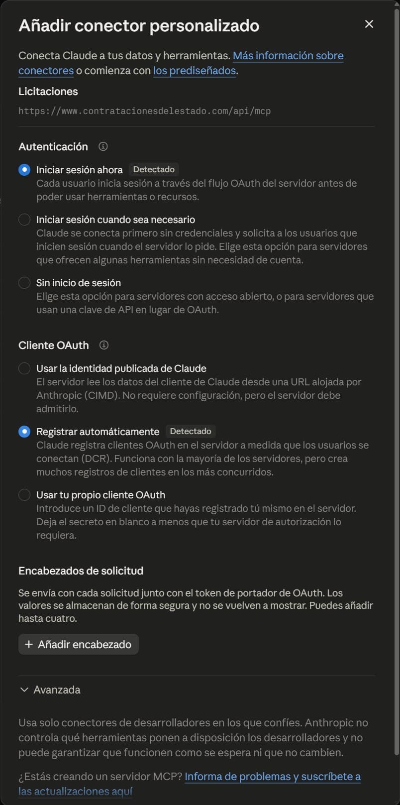 Opciones de autenticación: Iniciar sesión ahora y Registrar automáticamente, ambas detectadas