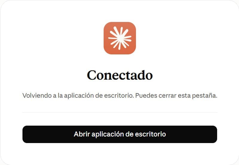 Pantalla Conectado de Claude con el botón Abrir aplicación de escritorio