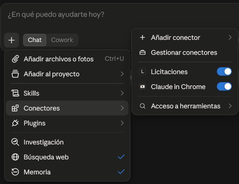 Menú + del chat con Conectores desplegado y el conector Licitaciones activado