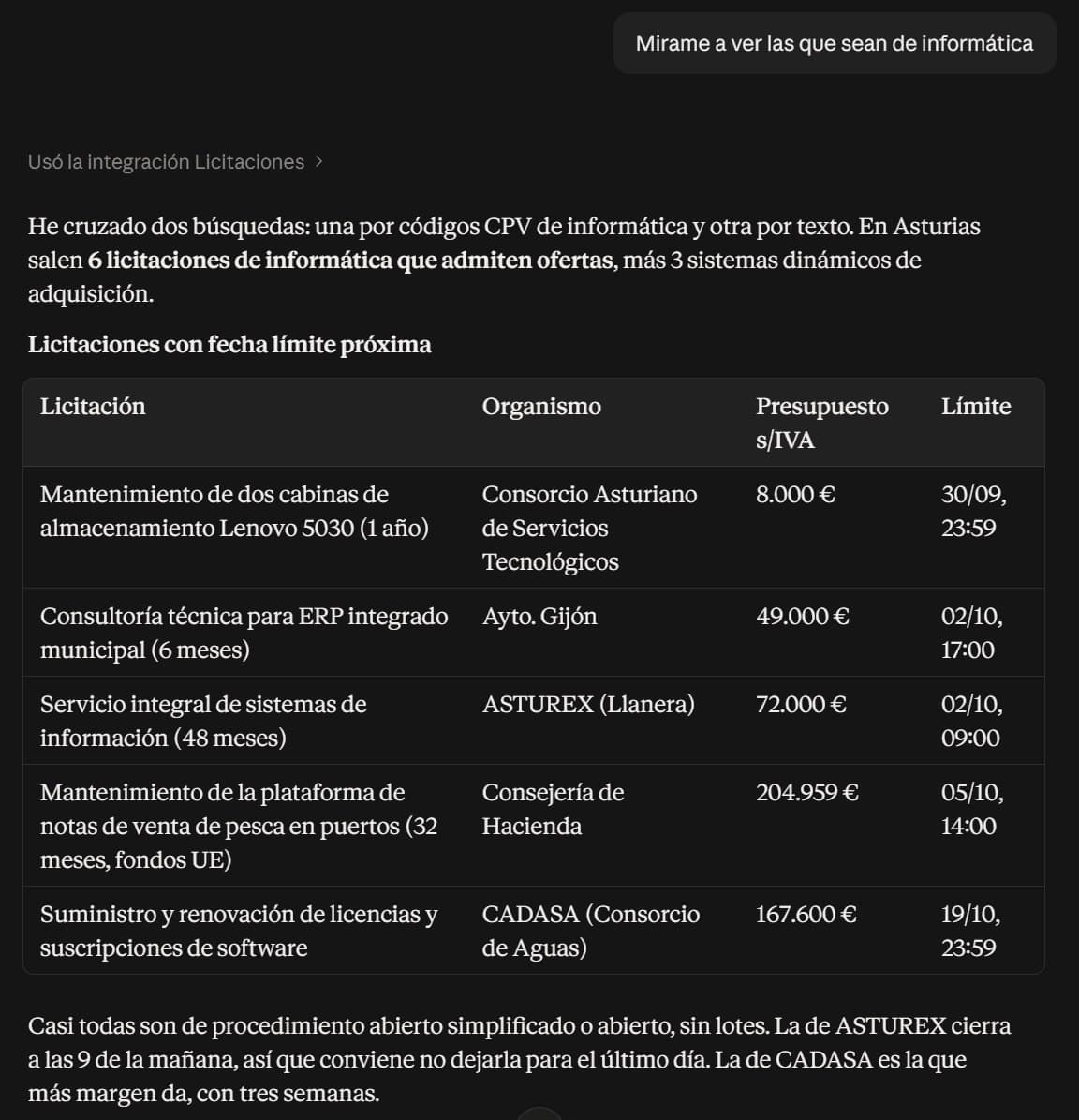 Respuesta real de Claude con licitaciones de informática en Asturias obtenidas de la plataforma